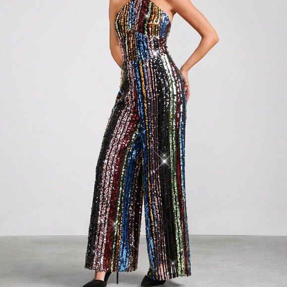 Rainbow Multicolor Sequin Party Halter Neck Women's Jumpsuit - Picture 5 of 7